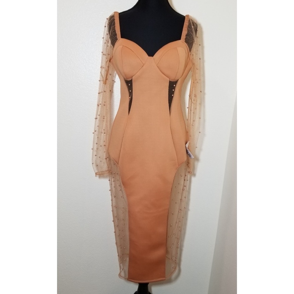 ASOS Design Womens Sz 8 Camel Midi Sheath Dress Glitter Mesh Pearls Bodycon NWT